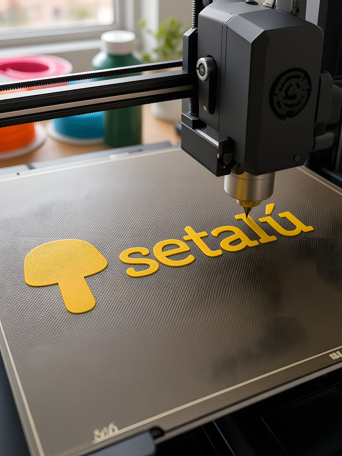 A 3D printer printing the first layer of the setalú logo in yellow