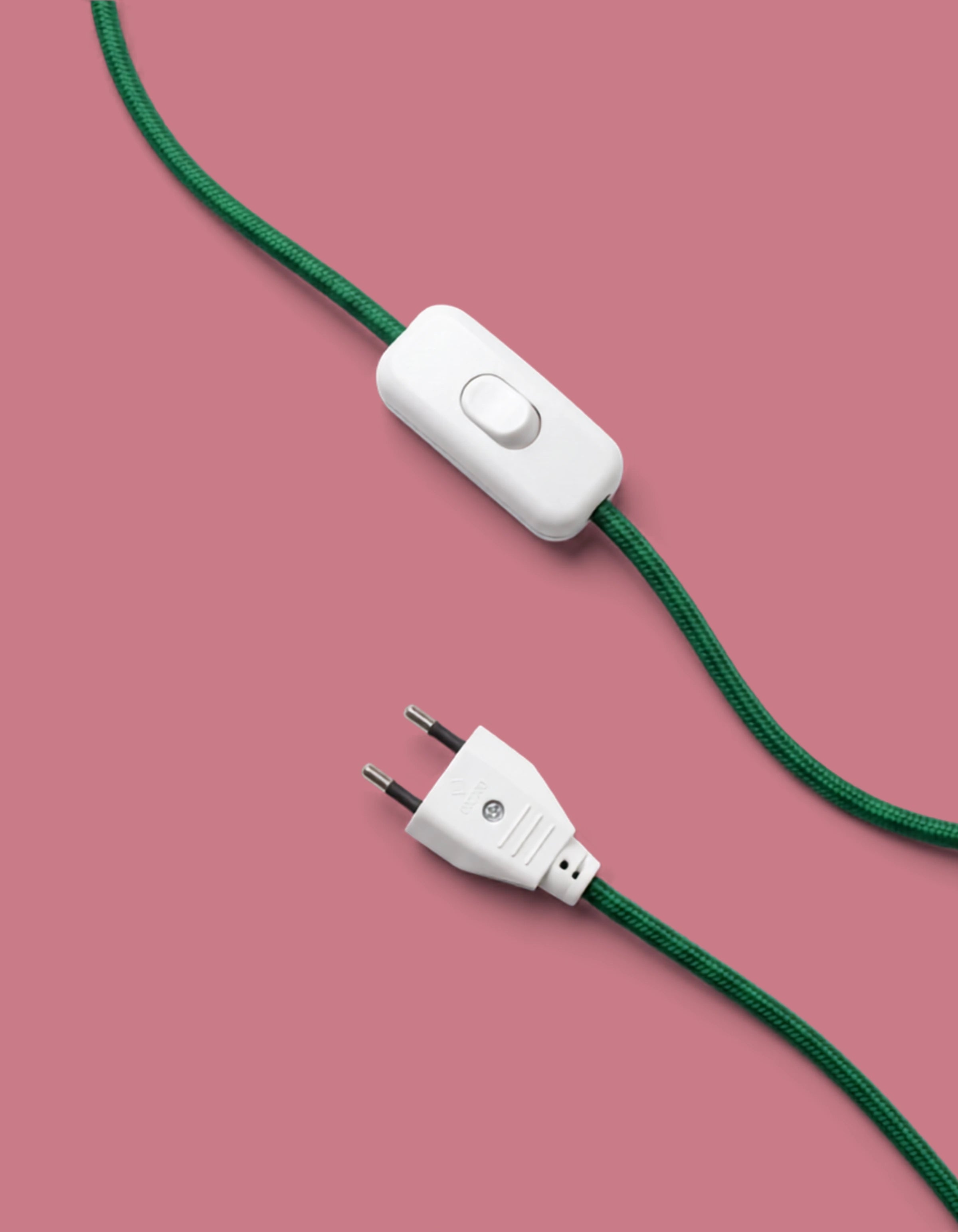 Green braided fabric cable with inline switch and EU plug