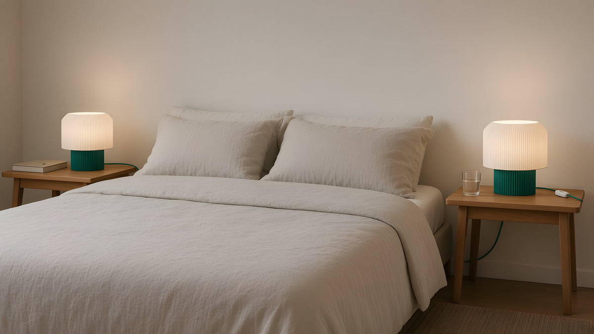 Two green Nubo lamps on both bedside tables